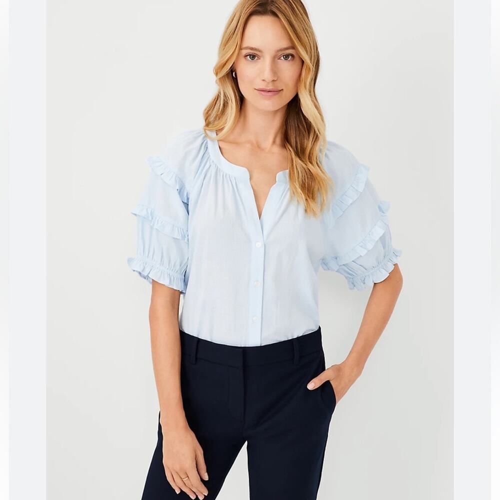 NWOT Ann Taylor Ruffle Sleeve Split Neck Top Baby Blue